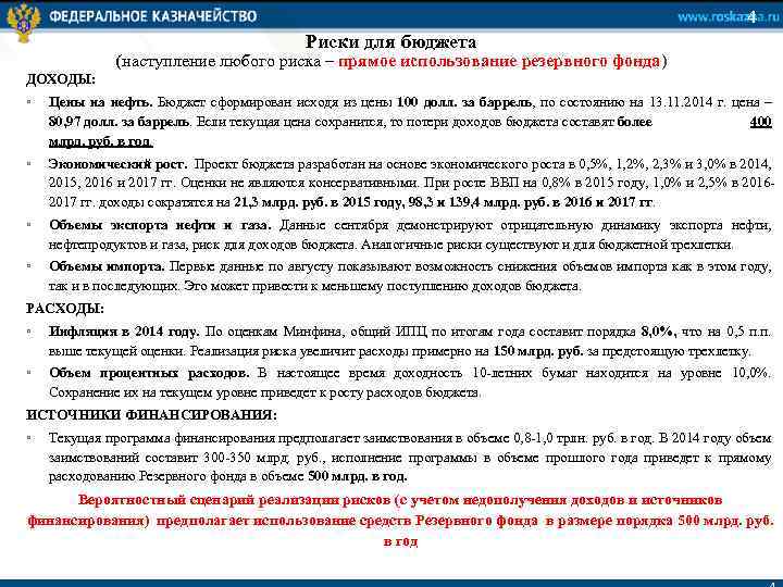 4 Риски для бюджета (наступление любого риска – прямое использование резервного фонда) ДОХОДЫ: ▫