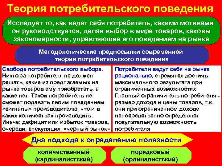 Теория потребительского поведения Исследует то, как ведет себя потребитель, какими мотивами он руководствуется, делая