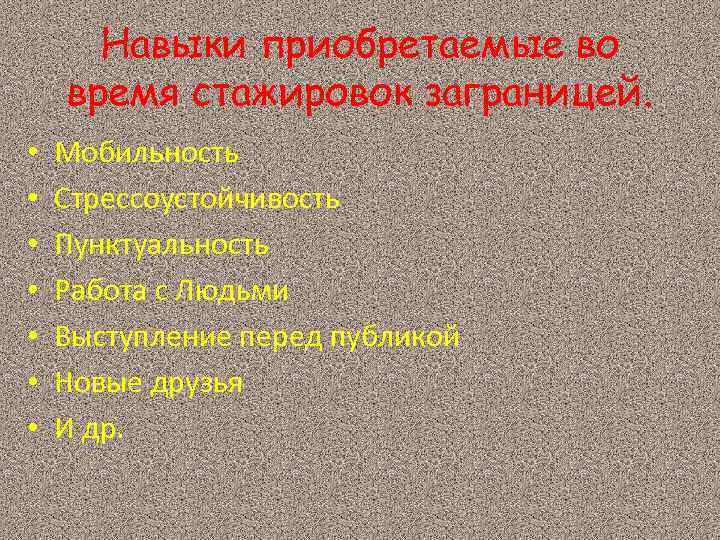 Навыки приобретаемые во время стажировок заграницей. • • Мобильность Стрессоустойчивость Пунктуальность Работа с Людьми