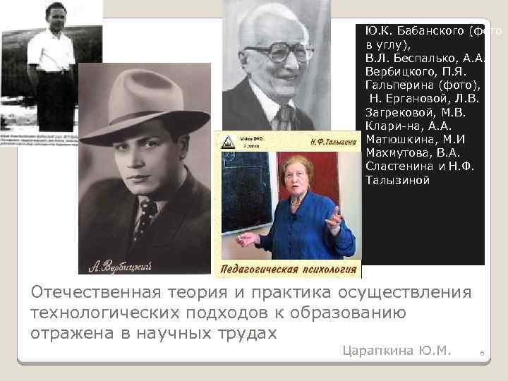 Ю. К. Бабанского (фото в углу), В. Л. Беспалько, А. А. Вербицкого, П. Я.