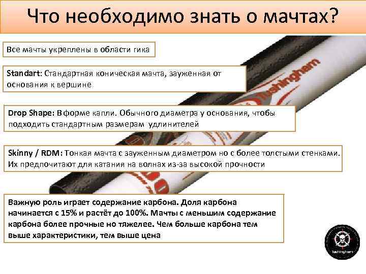 Что необходимо знать о мачтах? Все мачты укреплены в области гика Standart: Стандартная коническая