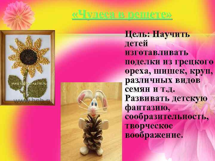  «Чудеса в решете» Цель: Научить детей изготавливать поделки из грецкого ореха, шишек, круп,