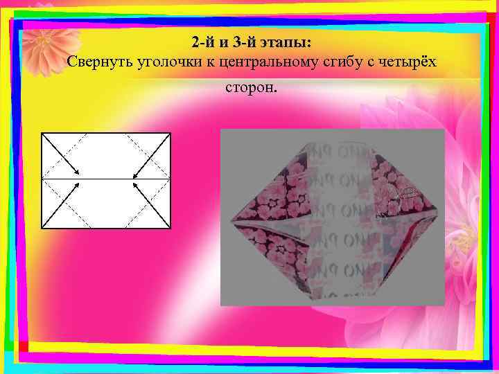 2 -й и 3 -й этапы: Свернуть уголочки к центральному сгибу с четырёх сторон.
