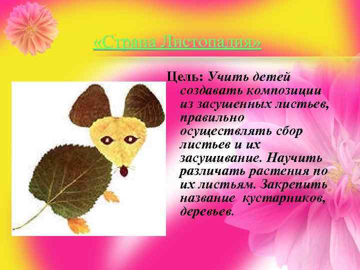  «Страна Листопадия» Цель: Учить детей создавать композиции из засушенных листьев, правильно осуществлять сбор