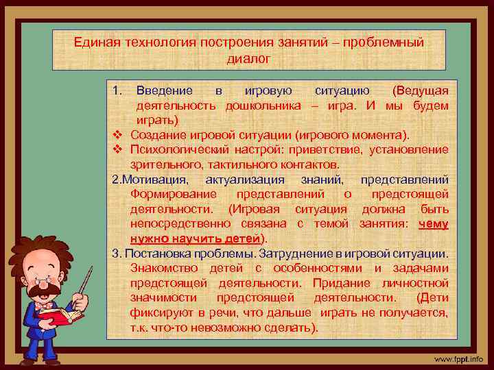 Единая технология построения занятий – проблемный диалог 1. Введение в игровую ситуацию (Ведущая деятельность