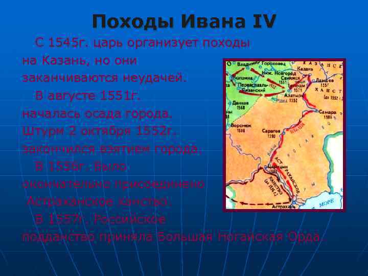 Походы Ивана IV С 1545 г. царь организует походы на Казань, но они заканчиваются