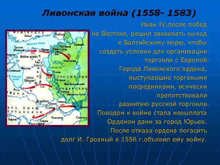 Ливонская война (1558 - 1583) Иван IV, после побед на Востоке, решил завоевать выход