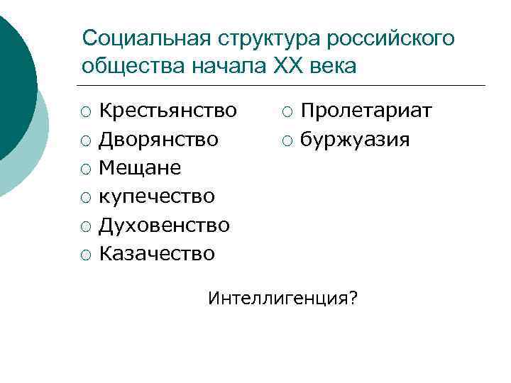 Социальная структура российского общества начала ХХ века ¡ ¡ ¡ Крестьянство Дворянство Мещане купечество