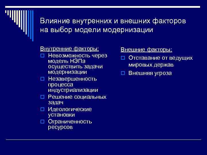 Влияние внутренних и внешних факторов на выбор модели модернизации Внутренние факторы: o Невозможность через