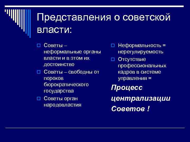 Представления о советской власти: o Советы – o Неформальность = неформальные органы власти и