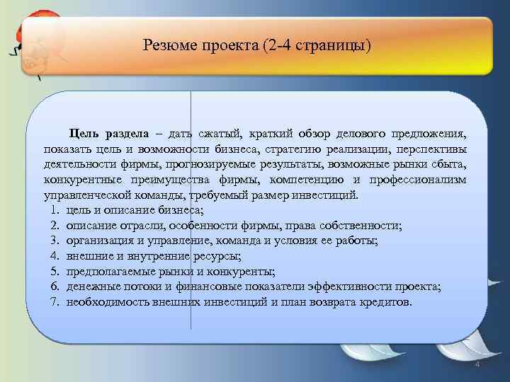 Резюме проекта (2 -4 страницы) Цель раздела – дать сжатый, краткий обзор делового предложения,