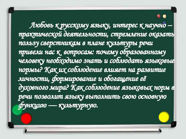Любовь к русскому языку, интерес к научно – практической деятельности, стремление оказать пользу сверстникам
