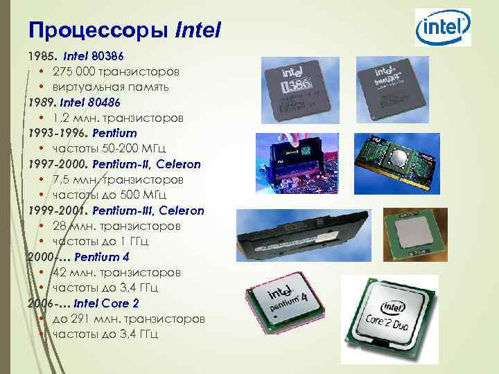Процессоры Intel 1985. Intel 80386 • 275 000 транзисторов • виртуальная память 1989. Intel