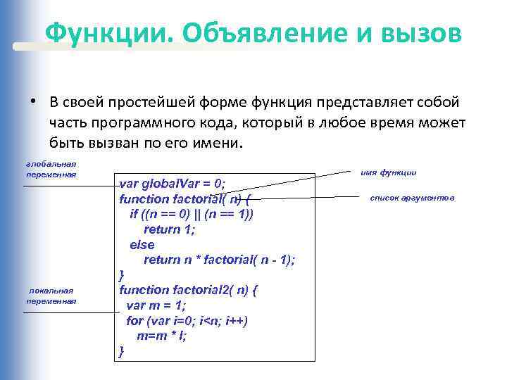 Функции. Объявление и вызов • В своей простейшей форме функция представляет собой часть программного