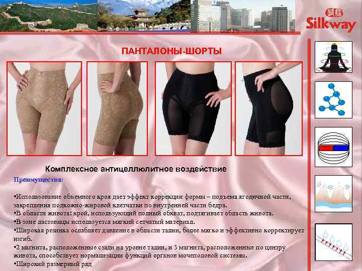 ПАНТАЛОНЫ-ШОРТЫ Комплексное антицеллюлитное воздействие Преимущества: • Использование объемного кроя дает эффект коррекции формы –