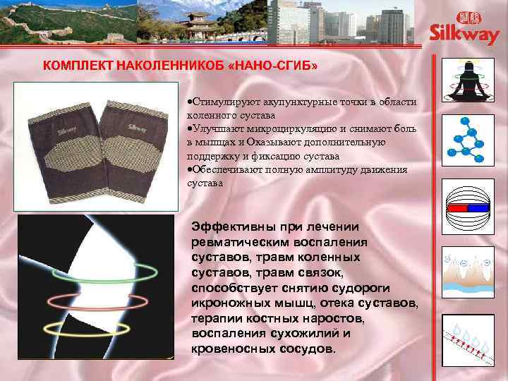 КОМПЛЕКТ НАКОЛЕННИКОБ «НАНО-СГИБ» Стимулируют акупунктурные точки в области коленного сустава Улучшают микроциркуляцию и снимают