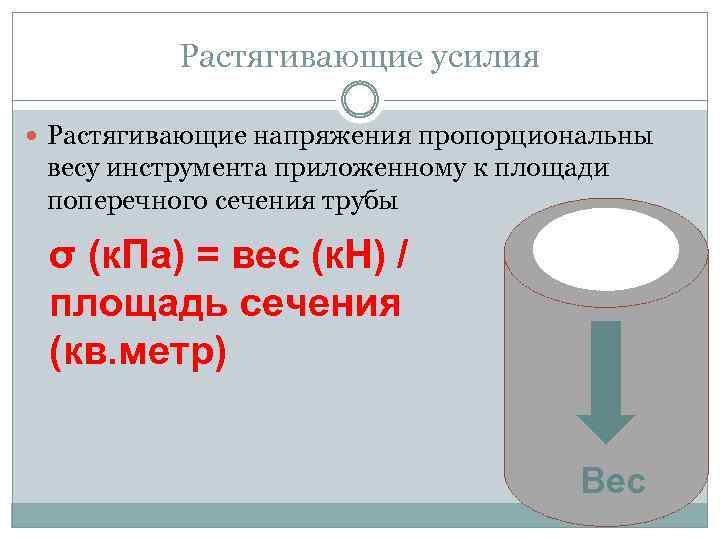 Растягивающие усилия Растягивающие напряжения пропорциональны весу инструмента приложенному к площади поперечного сечения трубы σ