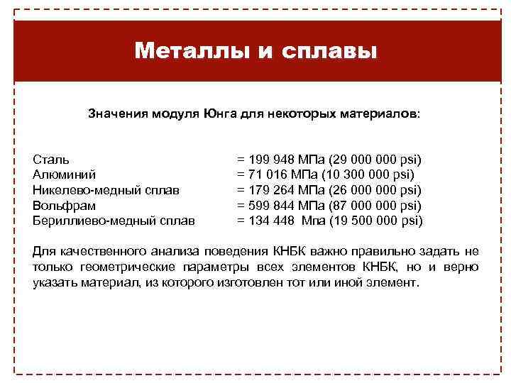 Металлы и сплавы Значения модуля Юнга для некоторых материалов: Сталь Алюминий Никелево-медный сплав Вольфрам