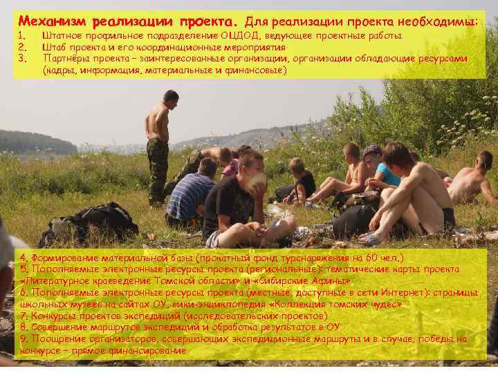 Механизм реализации проекта. Для реализации проекта необходимы: 1. 2. 3. Штатное профильное подразделение ОЦДОД,