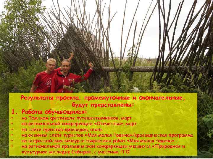 Результаты проекта, промежуточные и окончательные, будут представлены: 1. Работы обучающихся: • • • на