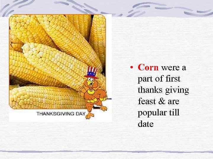  • Corn were a part of first thanks giving feast & are popular