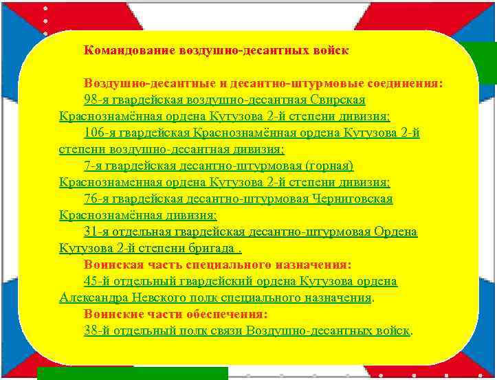 Командование воздушно-десантных войск Воздушно-десантные и десантно-штурмовые соединения: 98 -я гвардейская воздушно-десантная Свирская Краснознамённая ордена