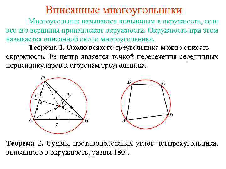 Вписанные многоугольники Многоугольник называется вписанным в окружность, если все его вершины принадлежат окружности. Окружность