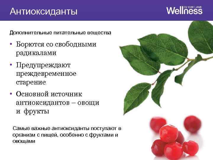 Антиоксиданты Дополнительные питательные вещества • Борются со свободными радикалами • Предупреждают преждевременное старение •