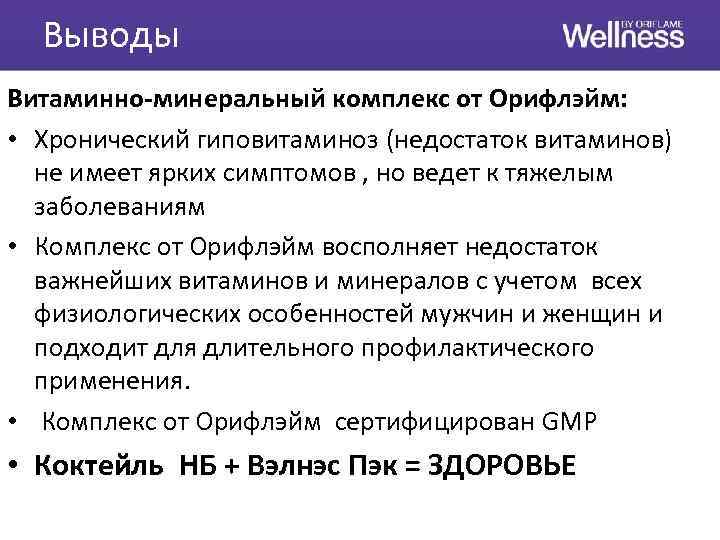 Выводы Витаминно-минеральный комплекс от Орифлэйм: • Хронический гиповитаминоз (недостаток витаминов) не имеет ярких симптомов