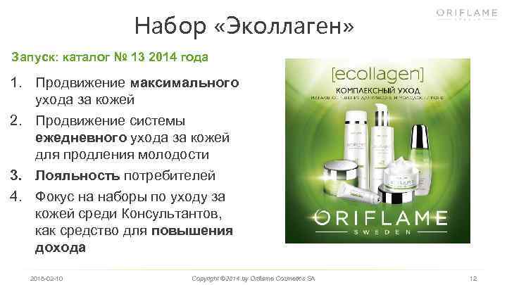 Набор «Эколлаген» Запуск: каталог № 13 2014 года 1. Продвижение максимального ухода за кожей