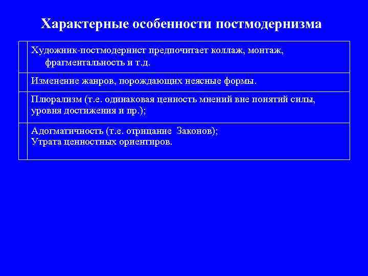 Характерные особенности постмодернизма Художник-постмодернист предпочитает коллаж, монтаж, фрагментальность и т. д. Изменение жанров, порождающих