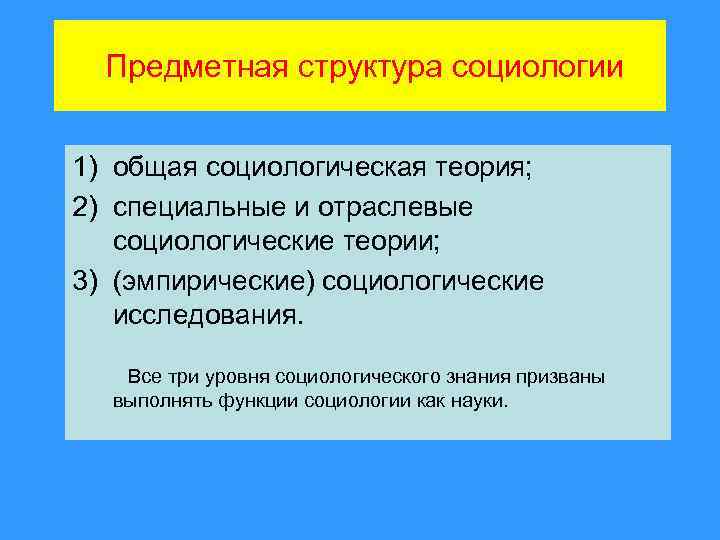 Предметная структура социологии 1) общая социологическая теория; 2) специальные и отраслевые социологические теории; 3)