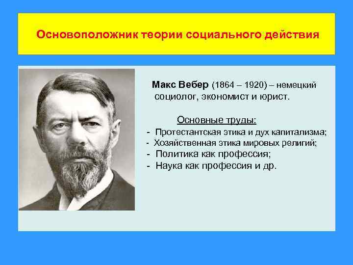 Основоположник теории социального действия Макс Вебер (1864 – 1920) – немецкий социолог, экономист и