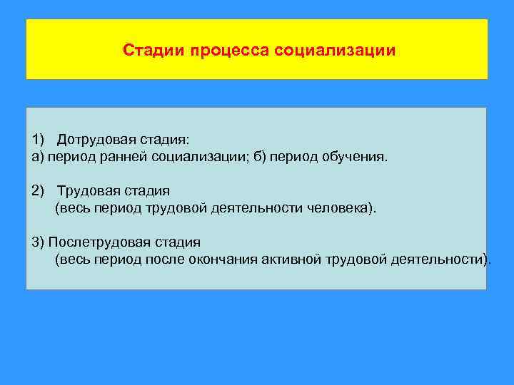 Стадии процесса социализации 1) Дотрудовая стадия: а) период ранней социализации; б) период обучения. 2)