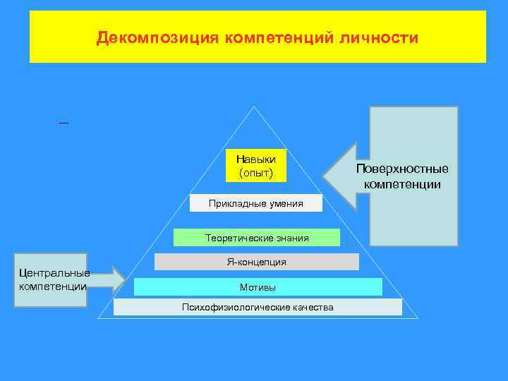 Декомпозиция компетенций личности Навыки (опыт) Прикладные умения Теоретические знания Центральные компетенции Я-концепция Мотивы Психофизиологические