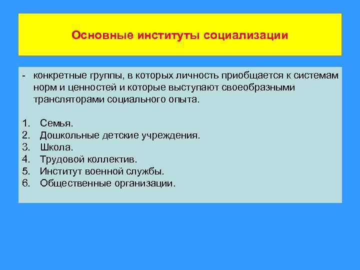 Основные институты социализации - конкретные группы, в которых личность приобщается к системам норм и