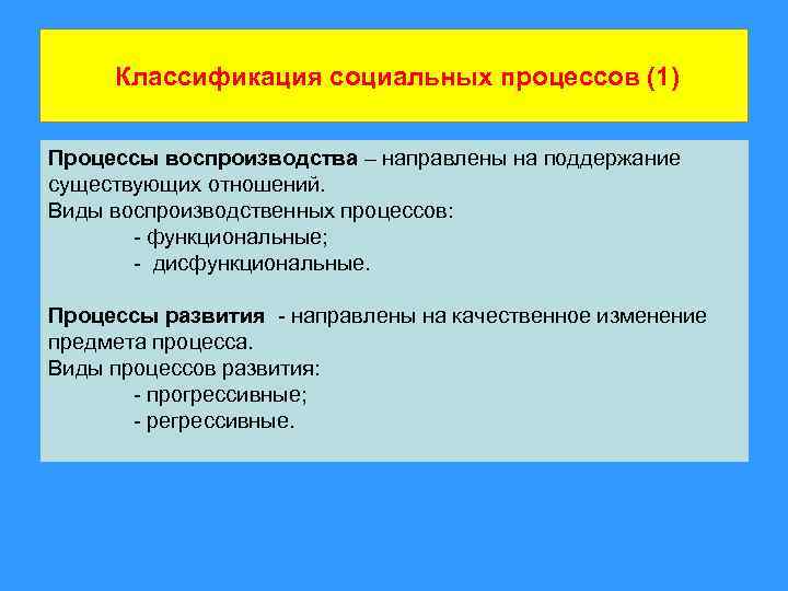 Классификация социальных процессов (1) Процессы воспроизводства – направлены на поддержание существующих отношений. Виды воспроизводственных