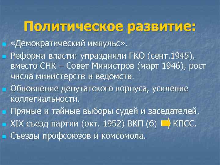 Политическое развитие: n n n «Демократический импульс» . Реформа власти: упразднили ГКО (сент. 1945),