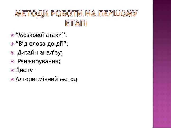  “Мозкової атаки”; “Від слова до дії”; Дизайн аналізу; Ранжирування; Диспут Алгоритмічний метод 