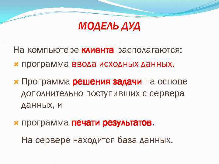 МОДЕЛЬ ДУД На компьютере клиента располагаются: программа ввода исходных данных, Программа решения задачи на