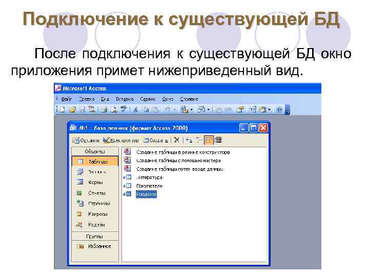 Подключение к существующей БД Подключение После подключения к существующей БД окно приложения примет нижеприведенный