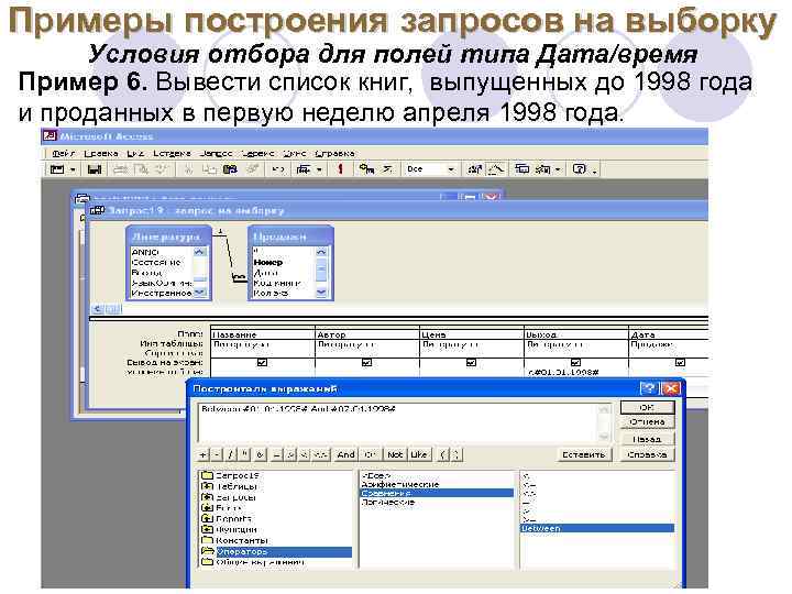 Примеры построения запросов на выборку Условия отбора для полей типа Дата/время Пример 6. Вывести