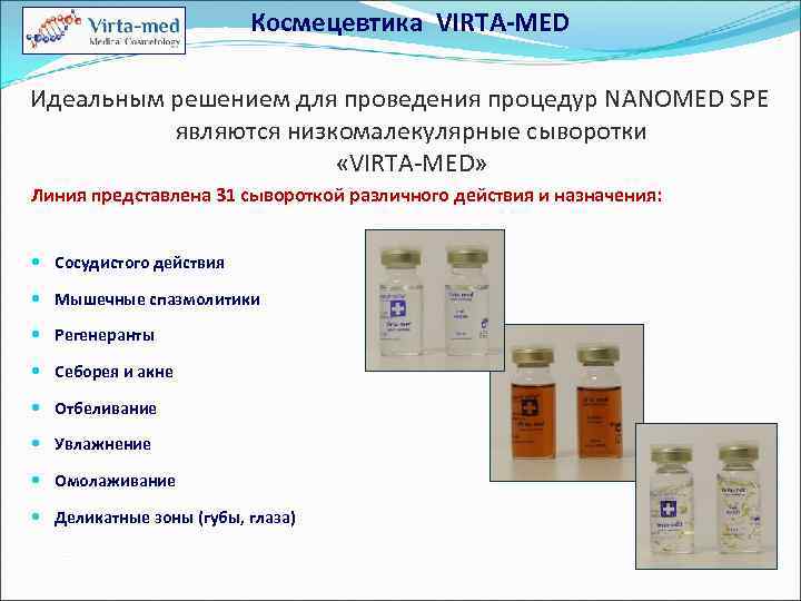  Космецевтика VIRTA-MED Идеальным решением для проведения процедур NANOMED SPE являются низкомалекулярные сыворотки «VIRTA-MED»