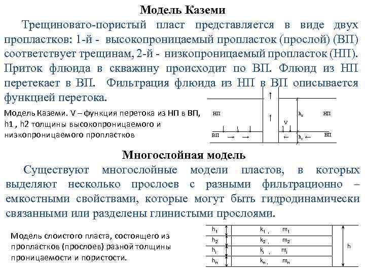 Модель Каземи Трещиновато-пористый пласт представляется в виде двух пропластков: 1 -й - высокопроницаемый пропласток