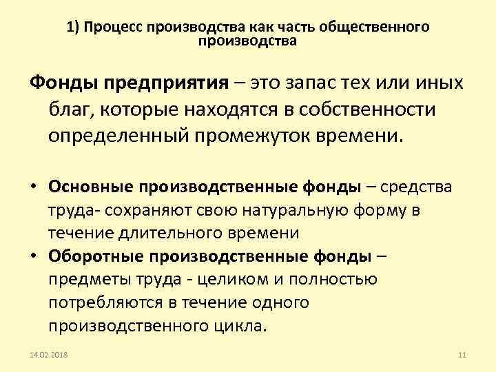 1) Процесс производства как часть общественного производства Фонды предприятия – это запас тех или