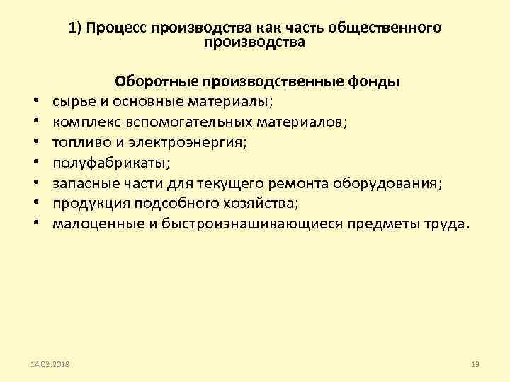 1) Процесс производства как часть общественного производства • • Оборотные производственные фонды сырье и