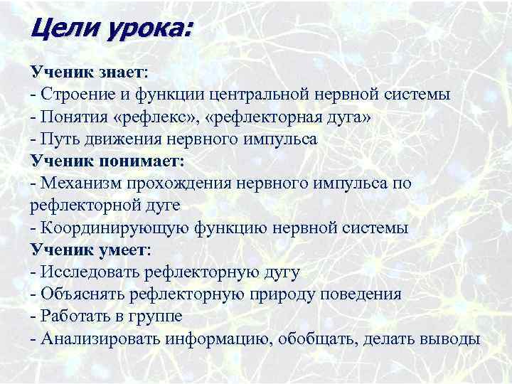 Цели урока: Ученик знает: - Строение и функции центральной нервной системы - Понятия «рефлекс»