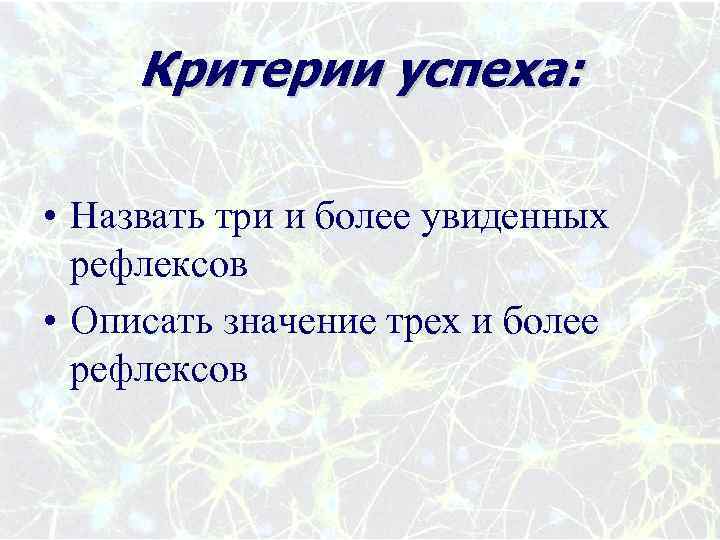 Критерии успеха: • Назвать три и более увиденных рефлексов • Описать значение трех и