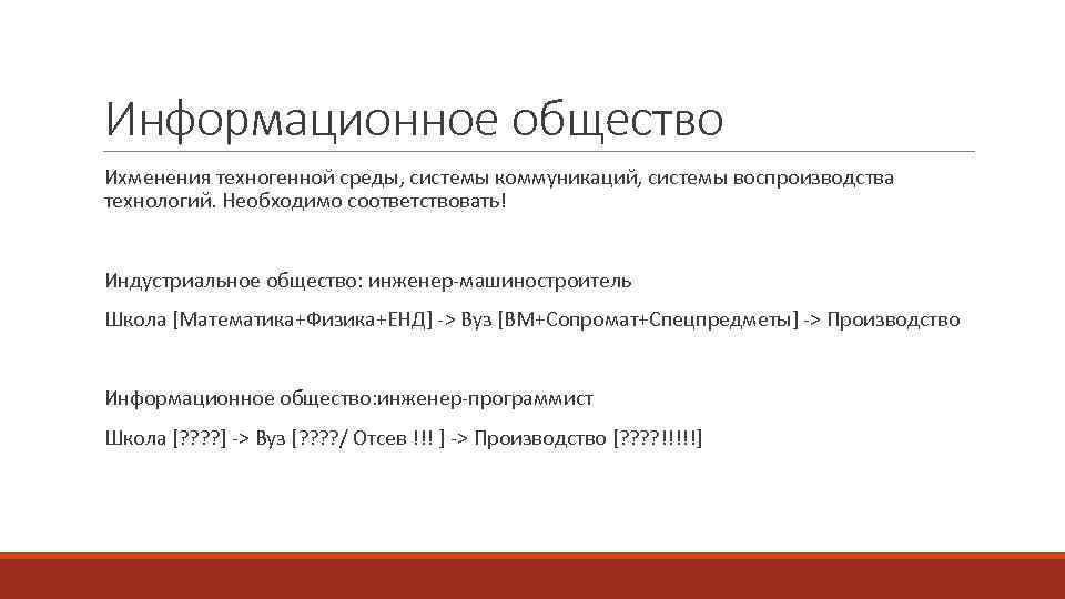 Информационное общество Ихменения техногенной среды, системы коммуникаций, системы воспроизводства технологий. Необходимо соответствовать! Индустриальное общество:
