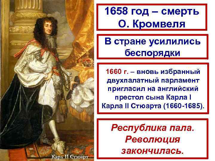 1658 год – смерть О. Кромвеля В стране усилились беспорядки 1660 г. – вновь